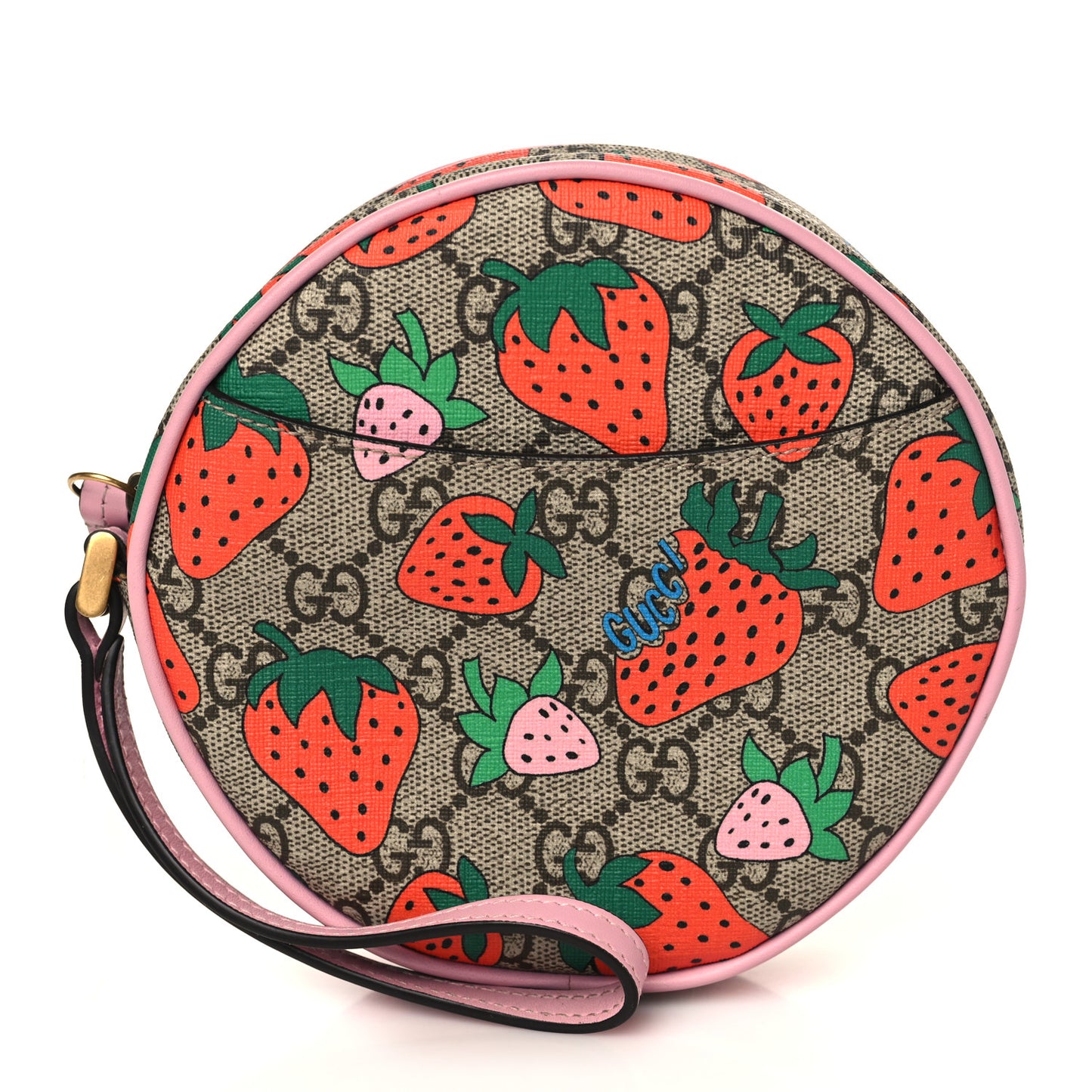 GG Supreme Monogram Strawberry Round Wrist Wallet