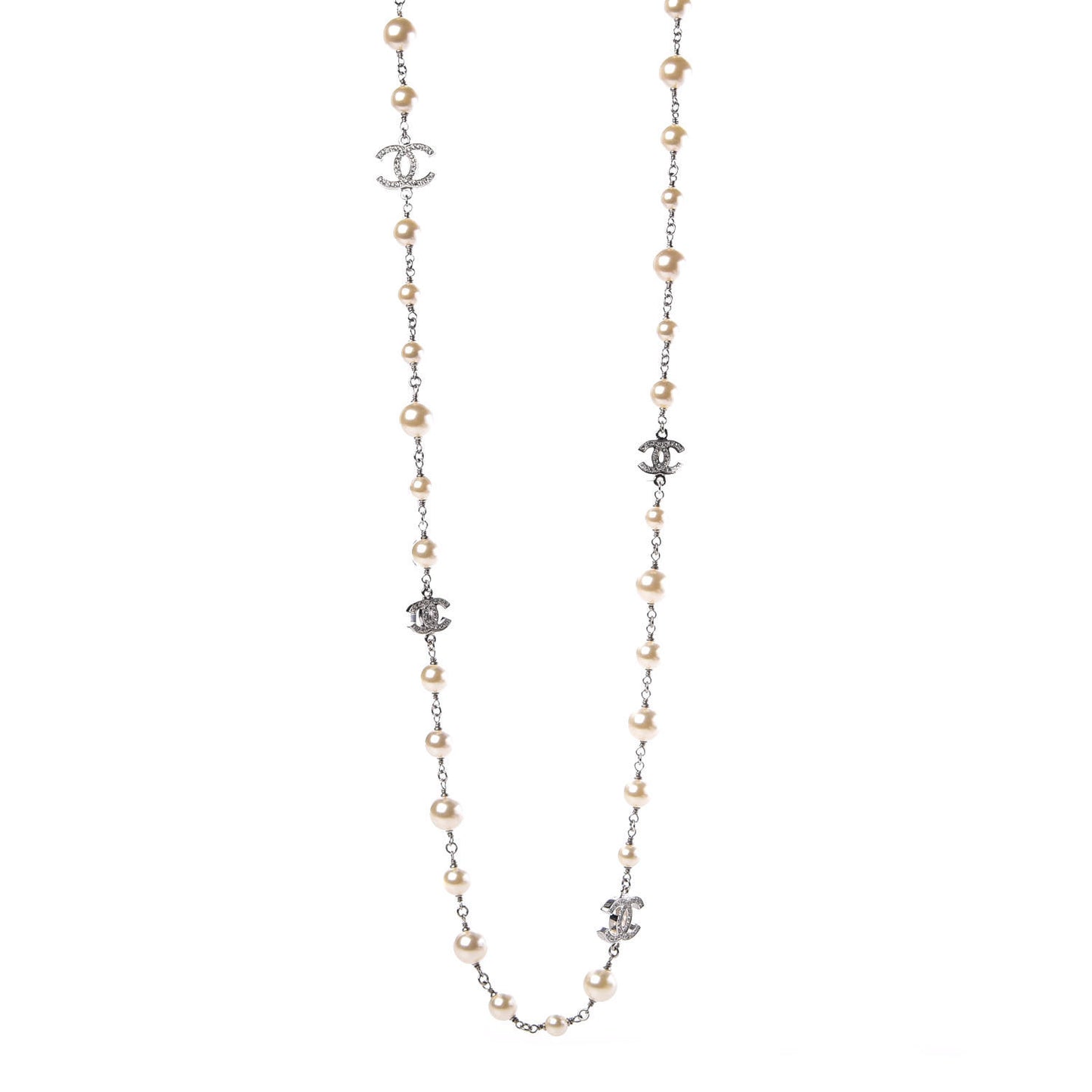 Crystal Pearl CC Long Necklace Silver