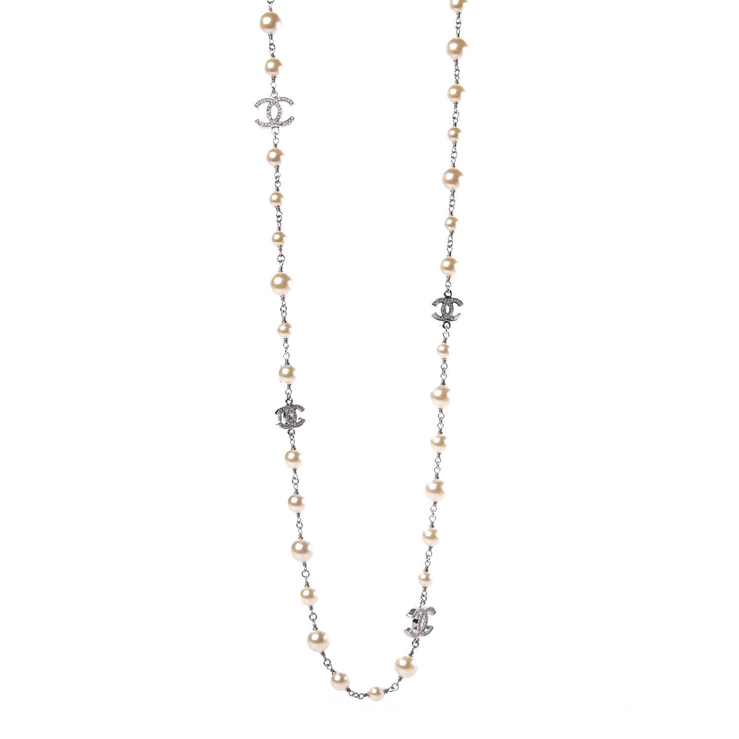 Chanel Crystal Pearl CC Long Necklace Silver 1 of 7