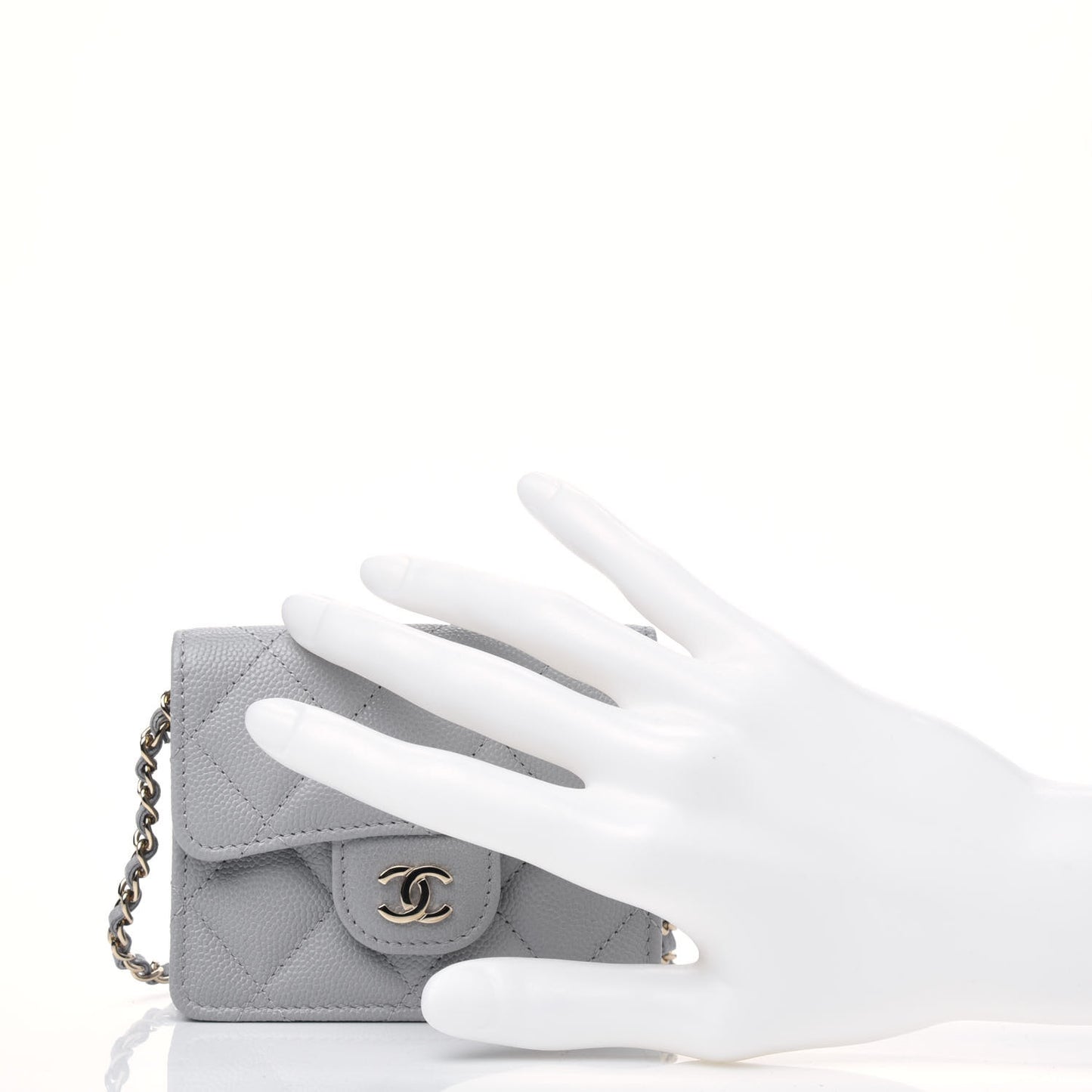Caviar Quilted Flap Card Holder On Chain Grey