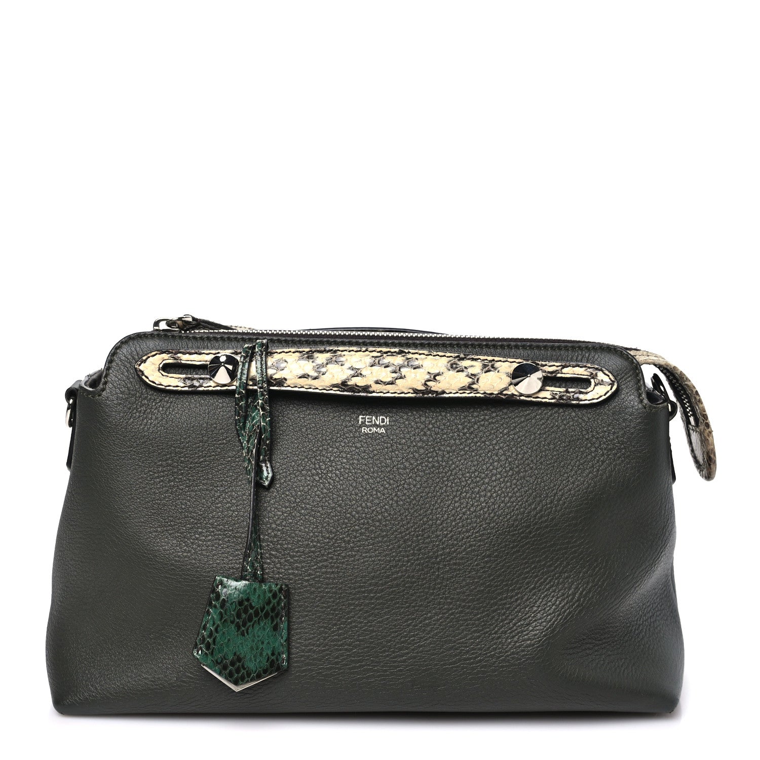 Fendi Vitello Snakeskin Medium By The Way Boston Bag Dark Green Roccia 1 of 11