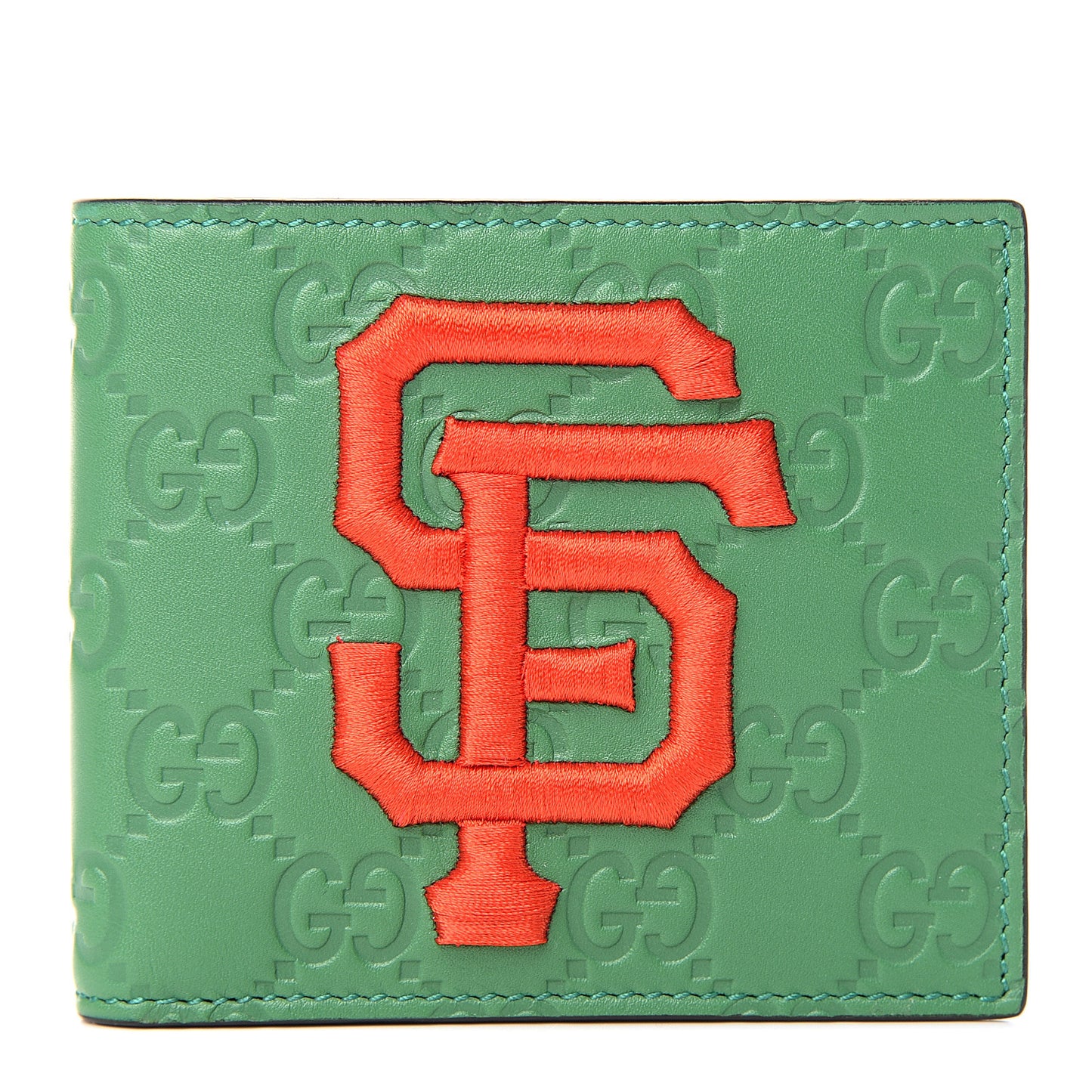 X MLB Guccissima SF Giants Embroidered Bi-Fold Wallet New Shamrock Deep Orange