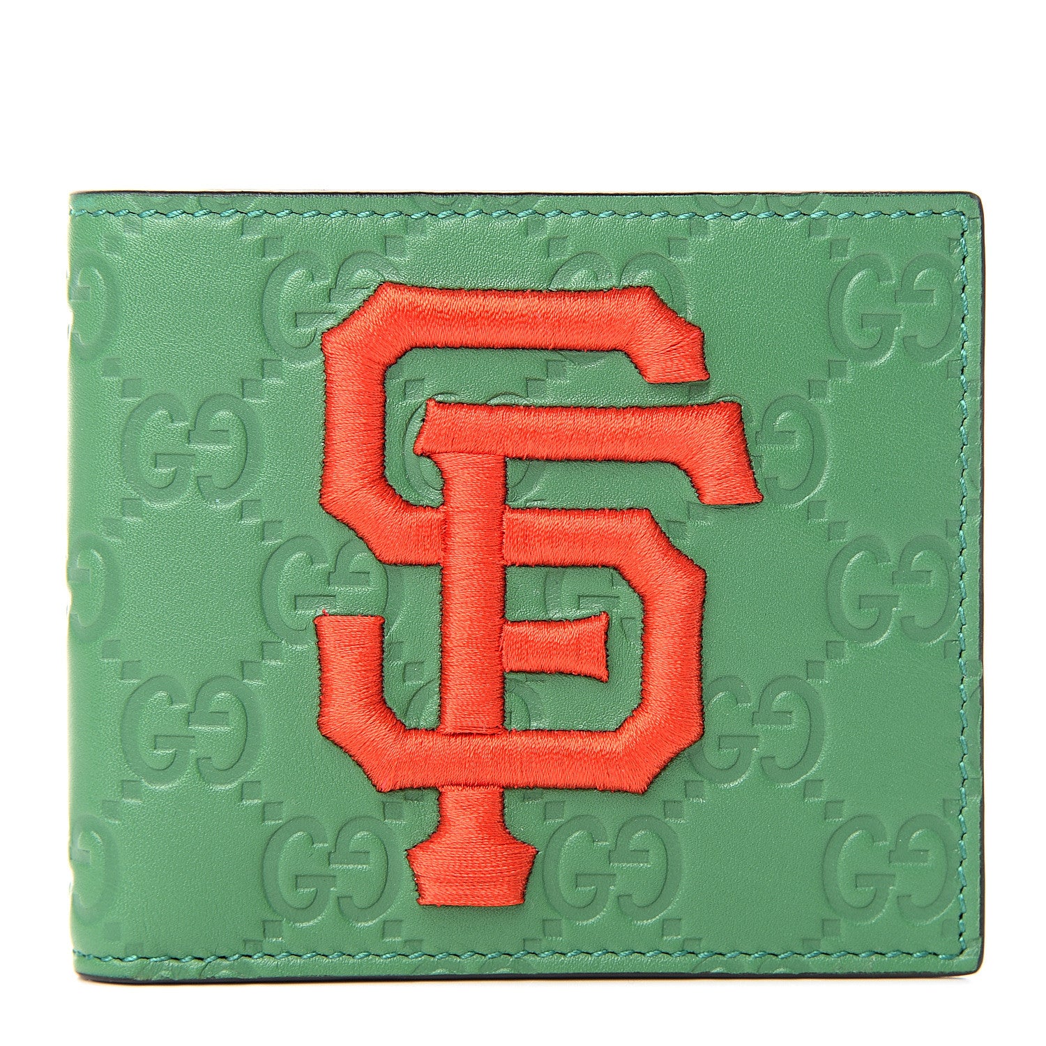 Gucci X MLB Guccissima SF Giants Embroidered Bi-Fold Wallet New Shamrock Deep Orange 1 of 7