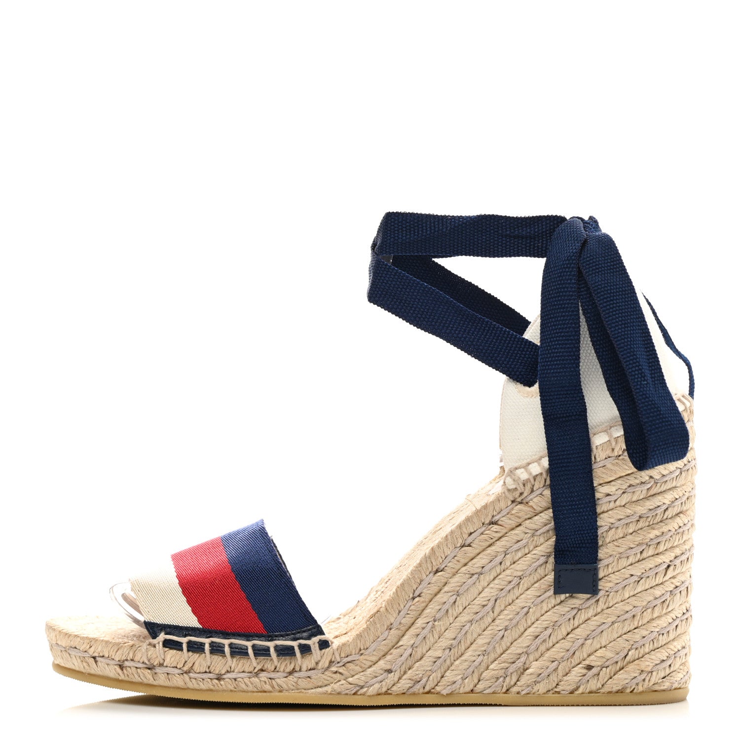 Gucci Canvas Sylvie Web Ankle Wrap Espadrille Wedge Sandals 37.5 Mystic White Hibiscus Red Maritime 1 of 10