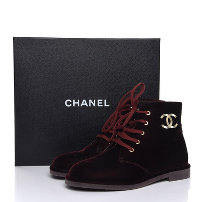 Chanel Velvet CC Lace Up Boots 38.5 Burgundy 8 of 8