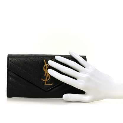 Saint Laurent Grain De Poudre Matelasse Chevron Monogram Flap Wallet Black 2 of 8
