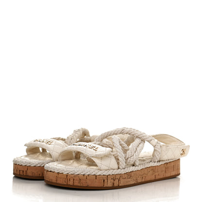 Chanel Cord Lambskin Quilted Logo Sandals 38 White 3 of 10
