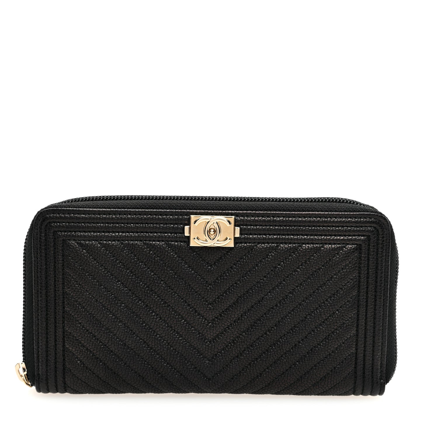 Caviar Chevron Quilted Zip Around Boy Wallet Black
