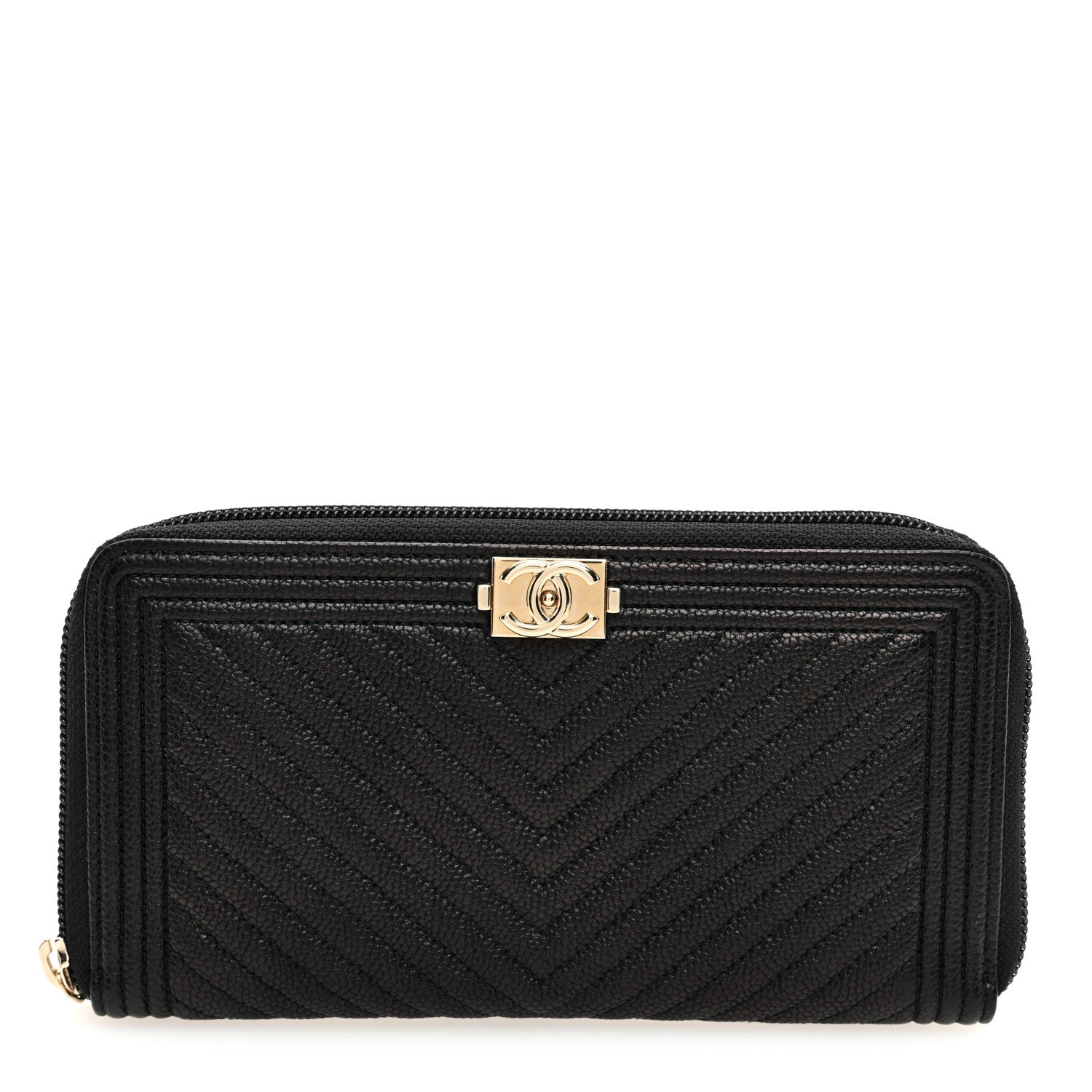 Chanel Caviar Chevron Quilted Zip Around Boy Wallet Black 1 of 7