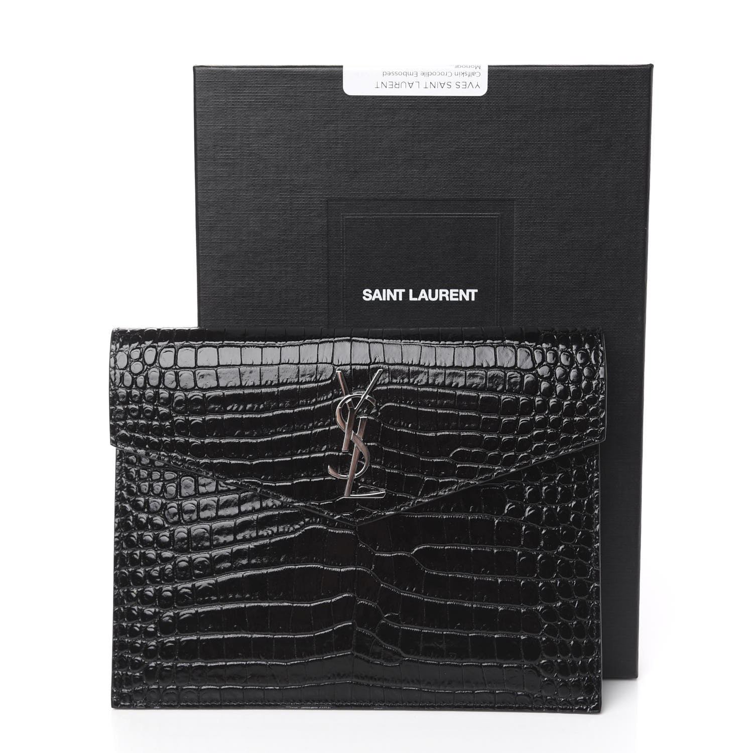 Saint Laurent Calfskin Crocodile Embossed Monogram Uptown Baby Pouch Black 8 of 8