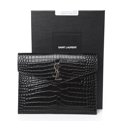 Saint Laurent Calfskin Crocodile Embossed Monogram Uptown Baby Pouch Black 8 of 8