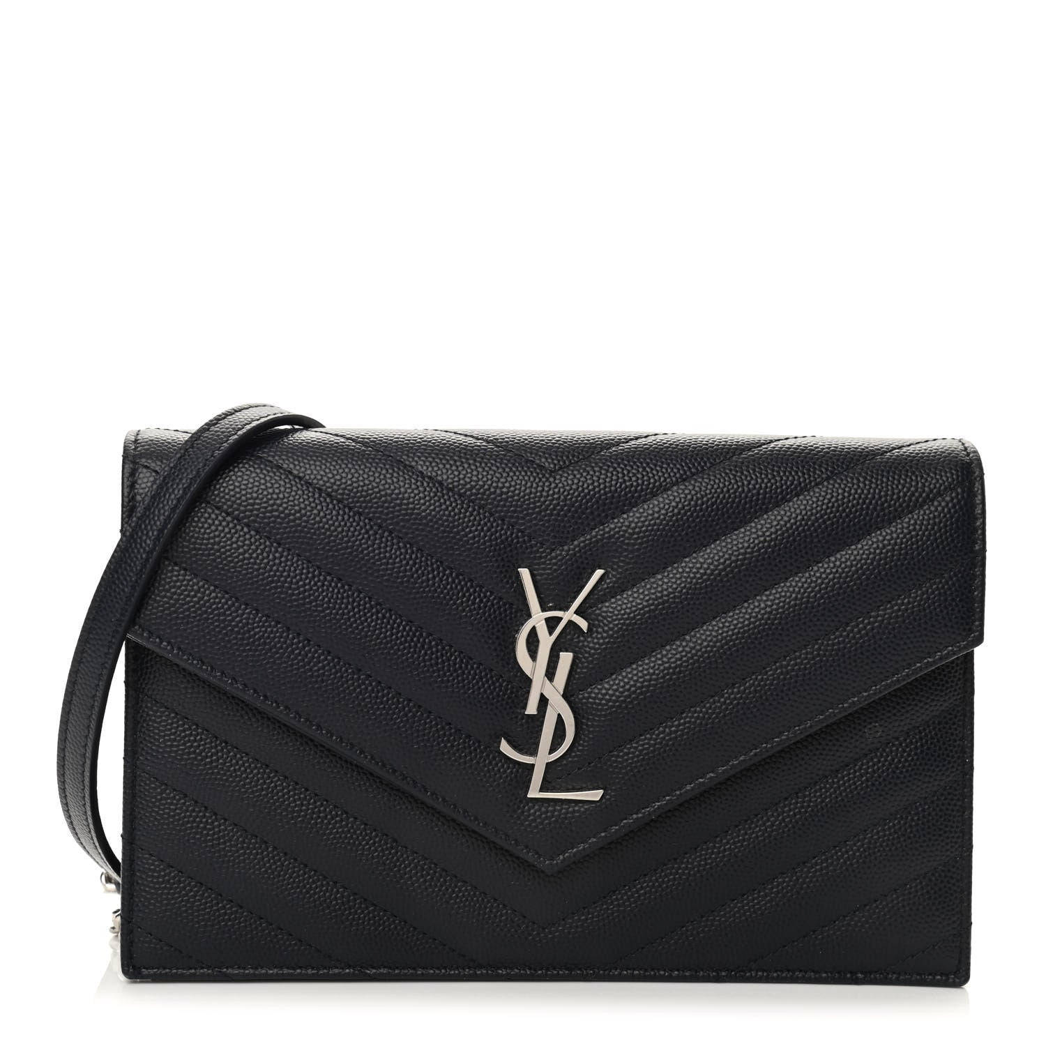 Saint Laurent Grain De Poudre Matelasse Chevron Monogram Envelope Chain Wallet Navy 1 of 9