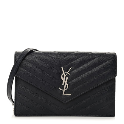 Saint Laurent Grain De Poudre Matelasse Chevron Monogram Envelope Chain Wallet Navy 1 of 9