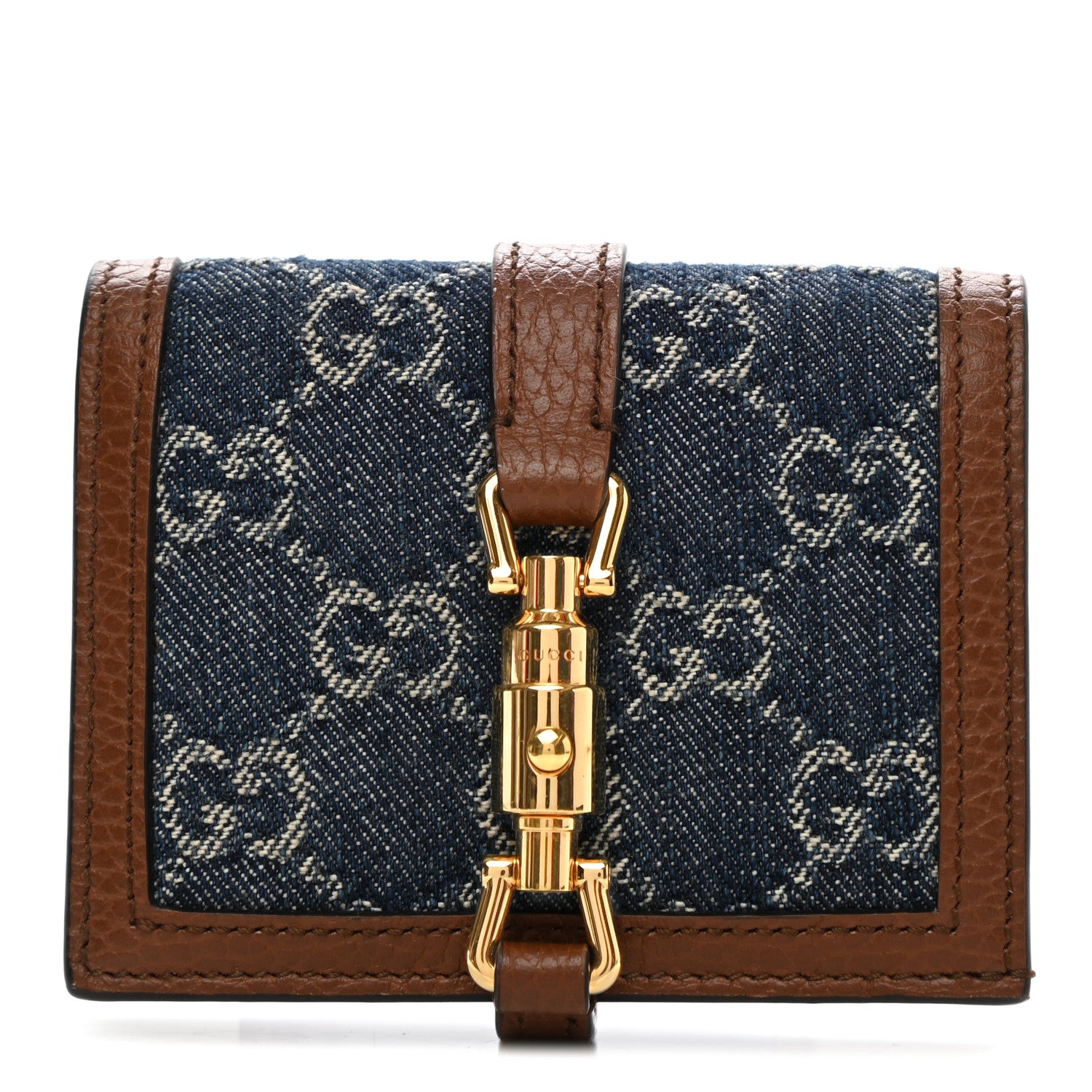 Gucci New Denim GG Monogram Jackie 1961 Card Case Blue Tea Cuir 1 of 8