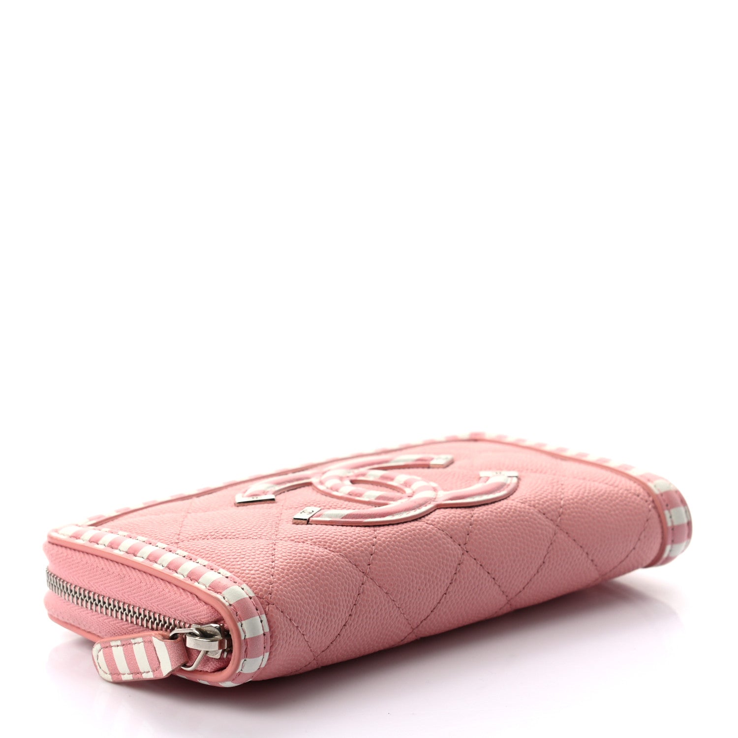 Chanel Caviar Quilted Medium Stripe Filigree Zip Around Wallet Pink White 4 of 8