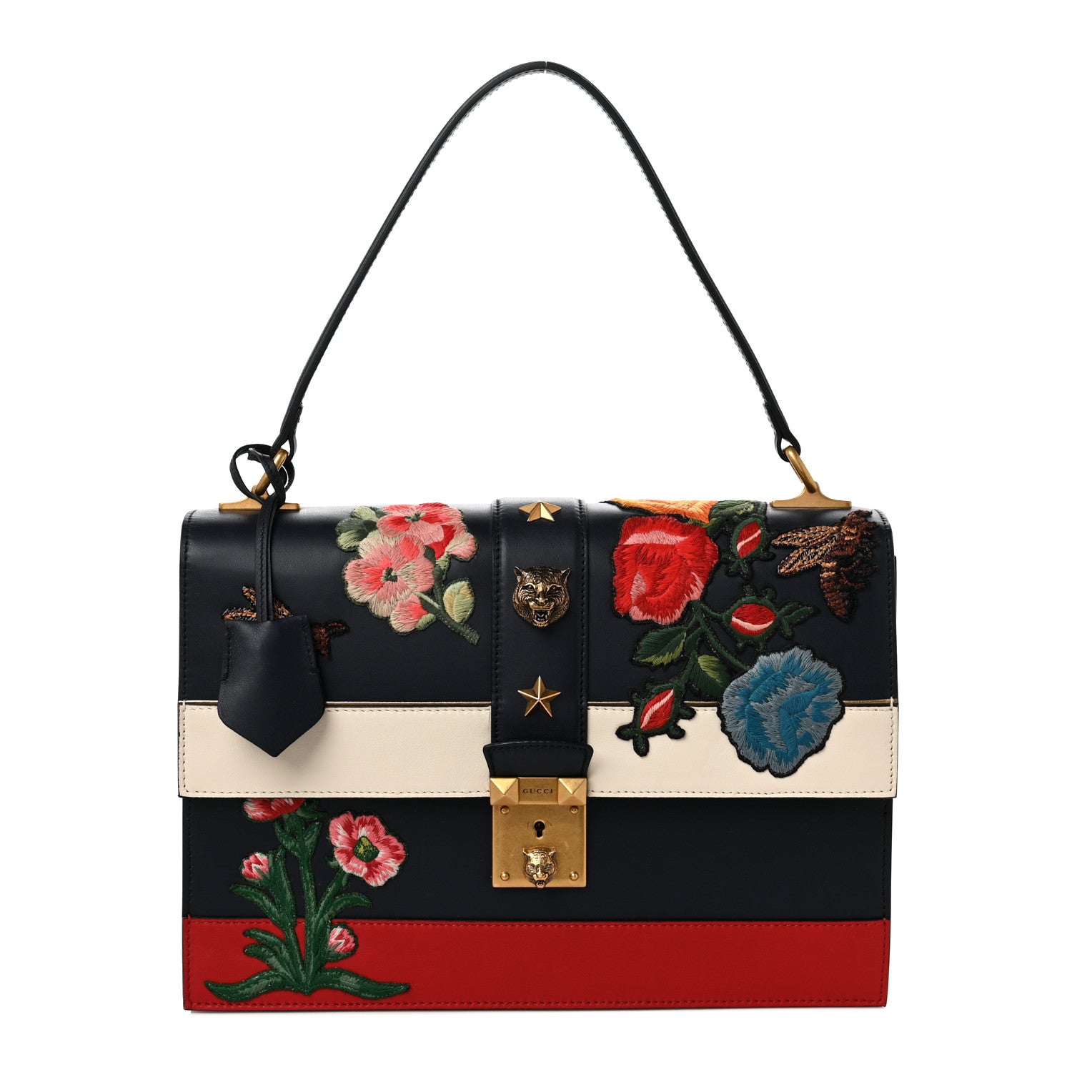 Gucci Calfskin Embroidered Riche Stripe Shoulder Bag Blue Red 1 of 11