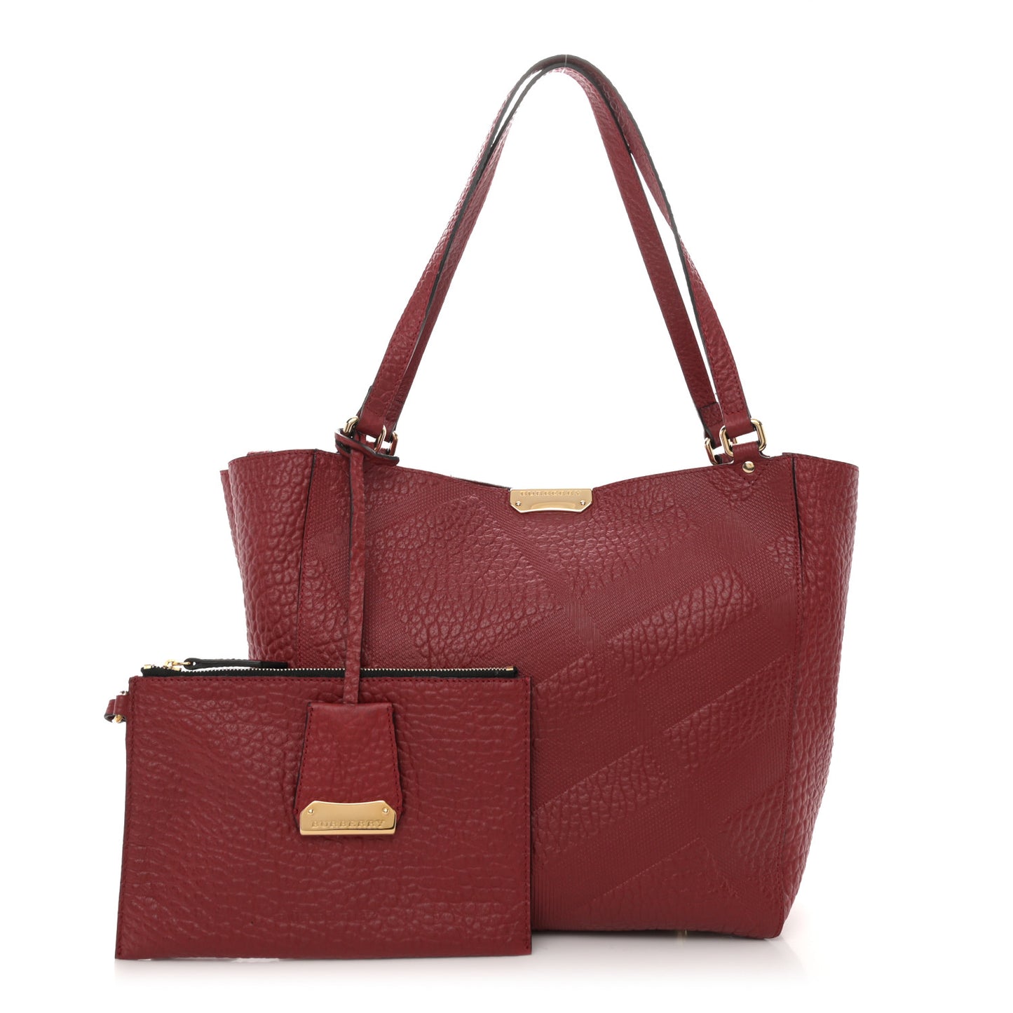 Signature Grain Calfskin Check Embossed Small Canterbury Tote Red