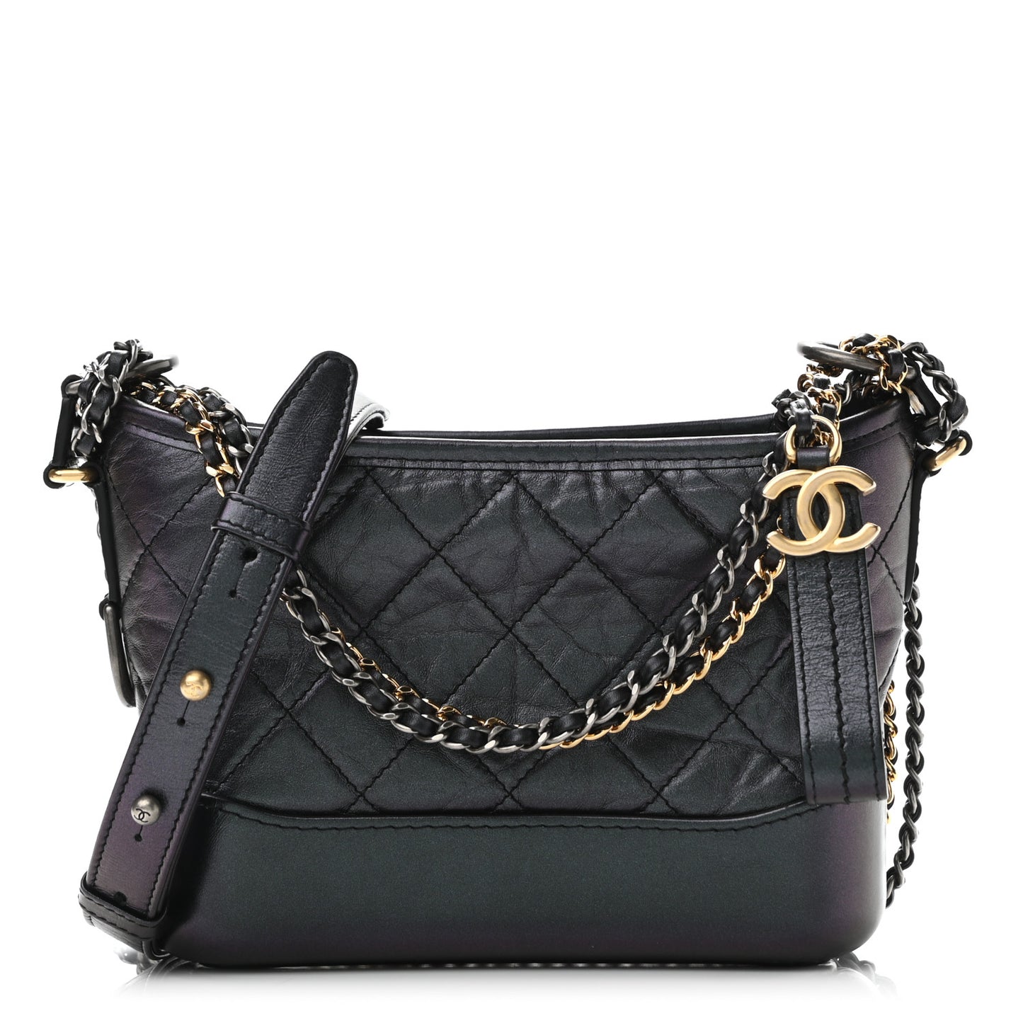 Iridescent Aged Calfskin Quilted Small Gabrielle Hobo Black