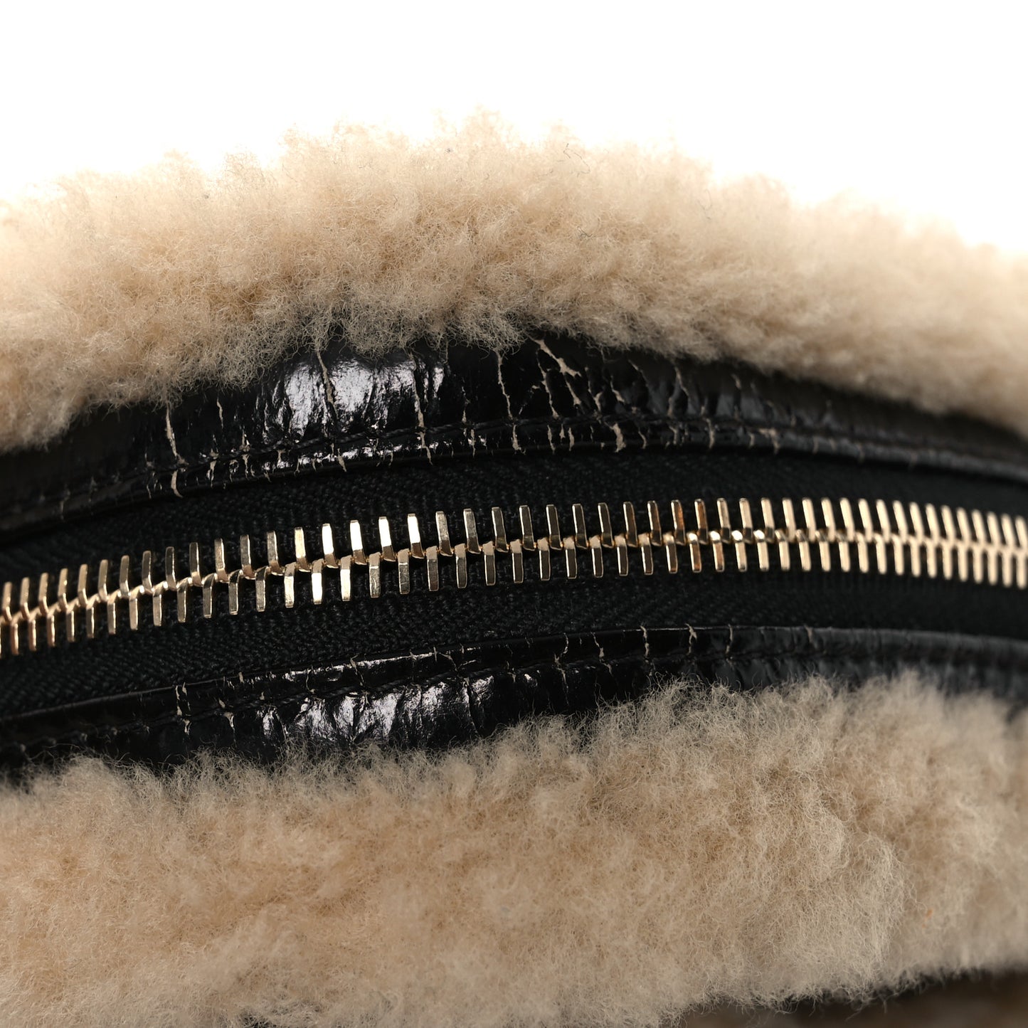 Shiny Crumpled Sheepskin Shearling Waist Bag Black Beige