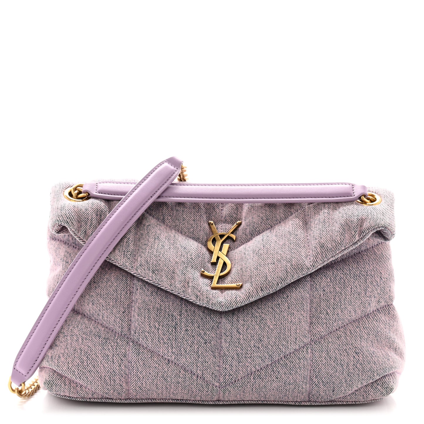 Denim Quilted Small Loulou Puffer Monogram Chain Satchel Bleached Lilac