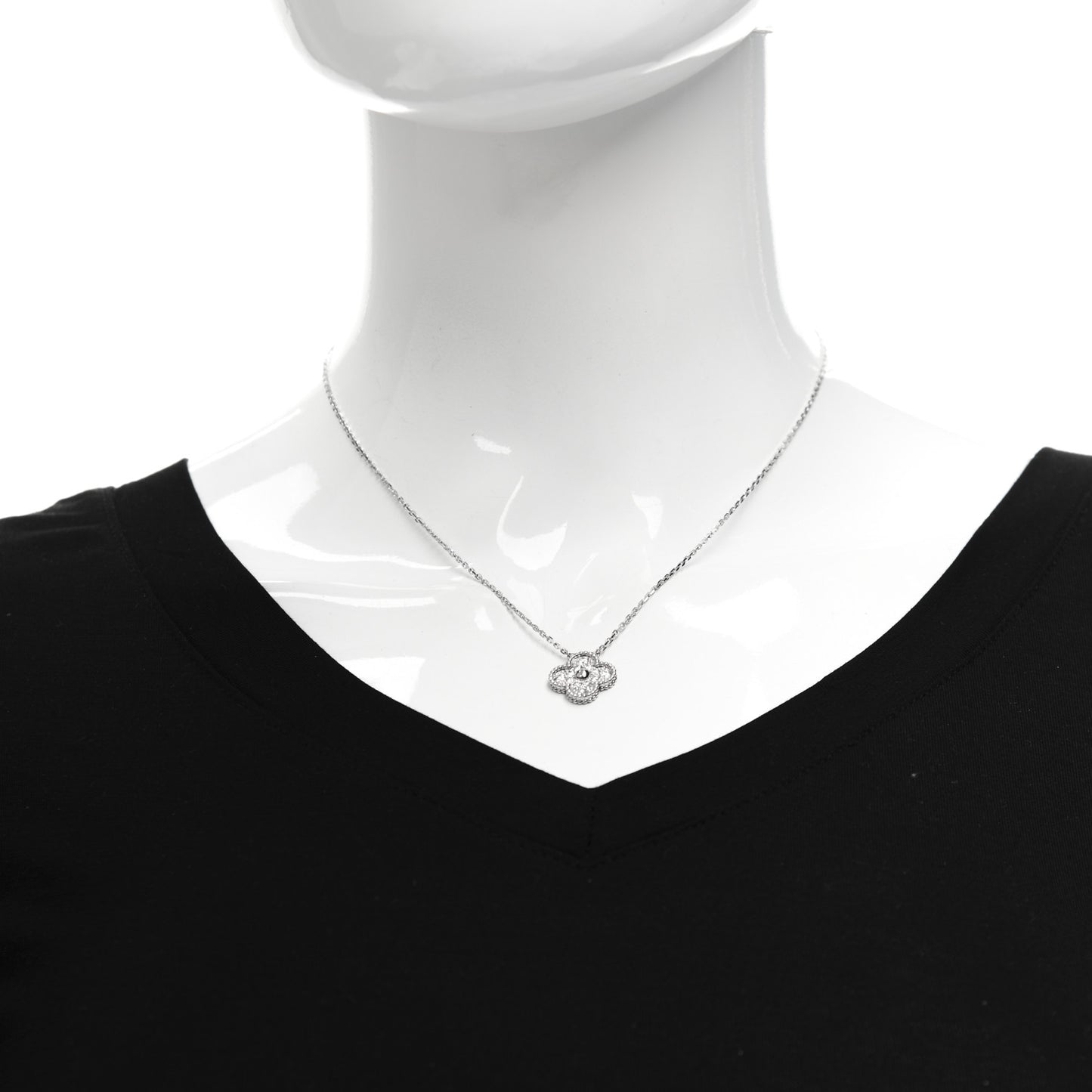 18K White Gold Diamond Vintage Alhambra Pendant Necklace