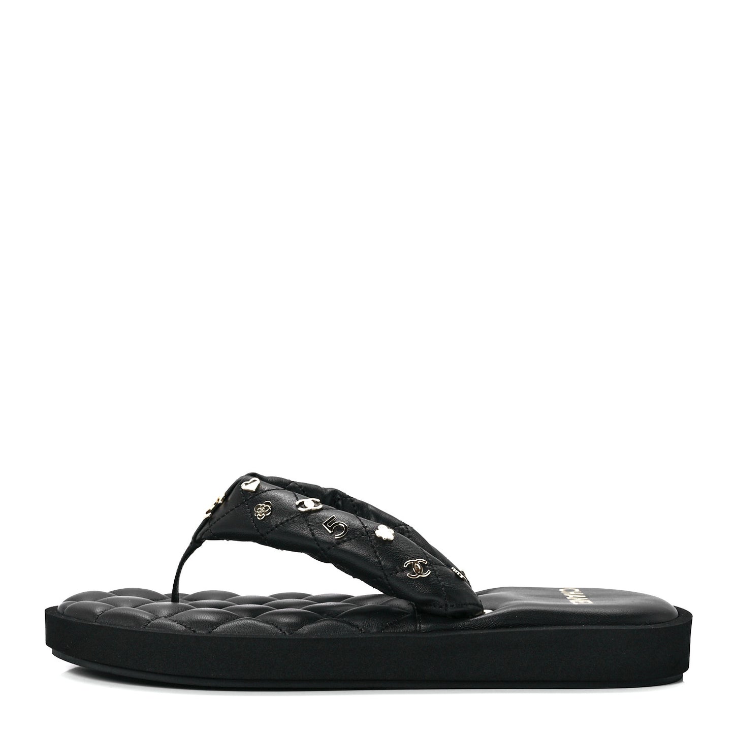 Lambskin Quilted Padded Charms Thong Sandals 39.5 Black