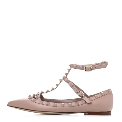 Valentino Garavani Callfskin Lacquered Monochrome Rockstud Cage Ballerina Flats 38 Poudre 1 of 4