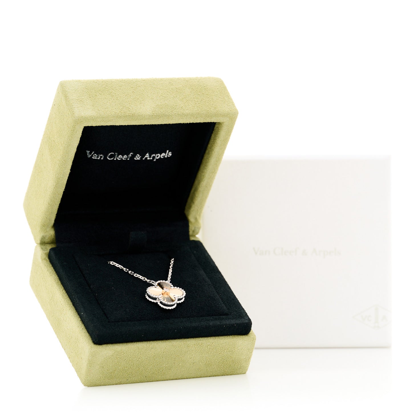 18K White Rose Gold Diamond Guilloche Vintage Alhambra Pendant Necklace