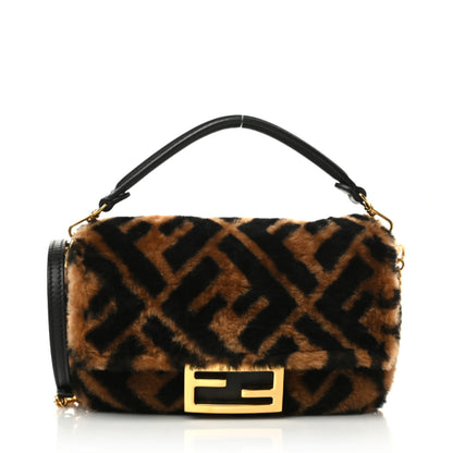 Fendi Shearling Vitello Dolce Macro FF 1974 Mini Baguette Tobacco Black 1 of 10