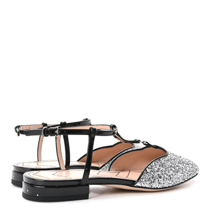 Gucci Calfskin Glitter Double G Slingback Flats 37 Silver Black 5 of 9
