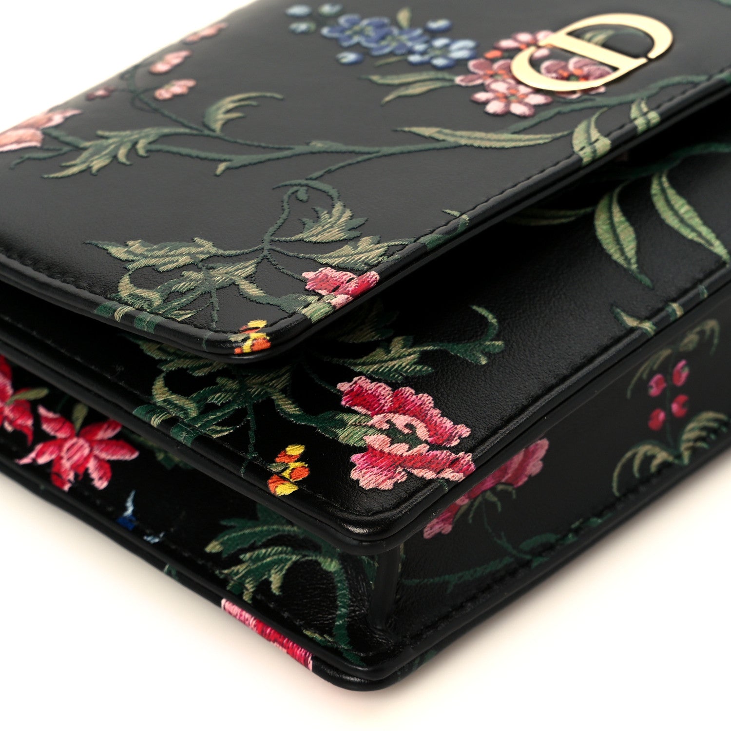 Christian Dior Calfskin Petites Fleurs Print Caro Pouch With Chain Black Multicolor 9 of 10
