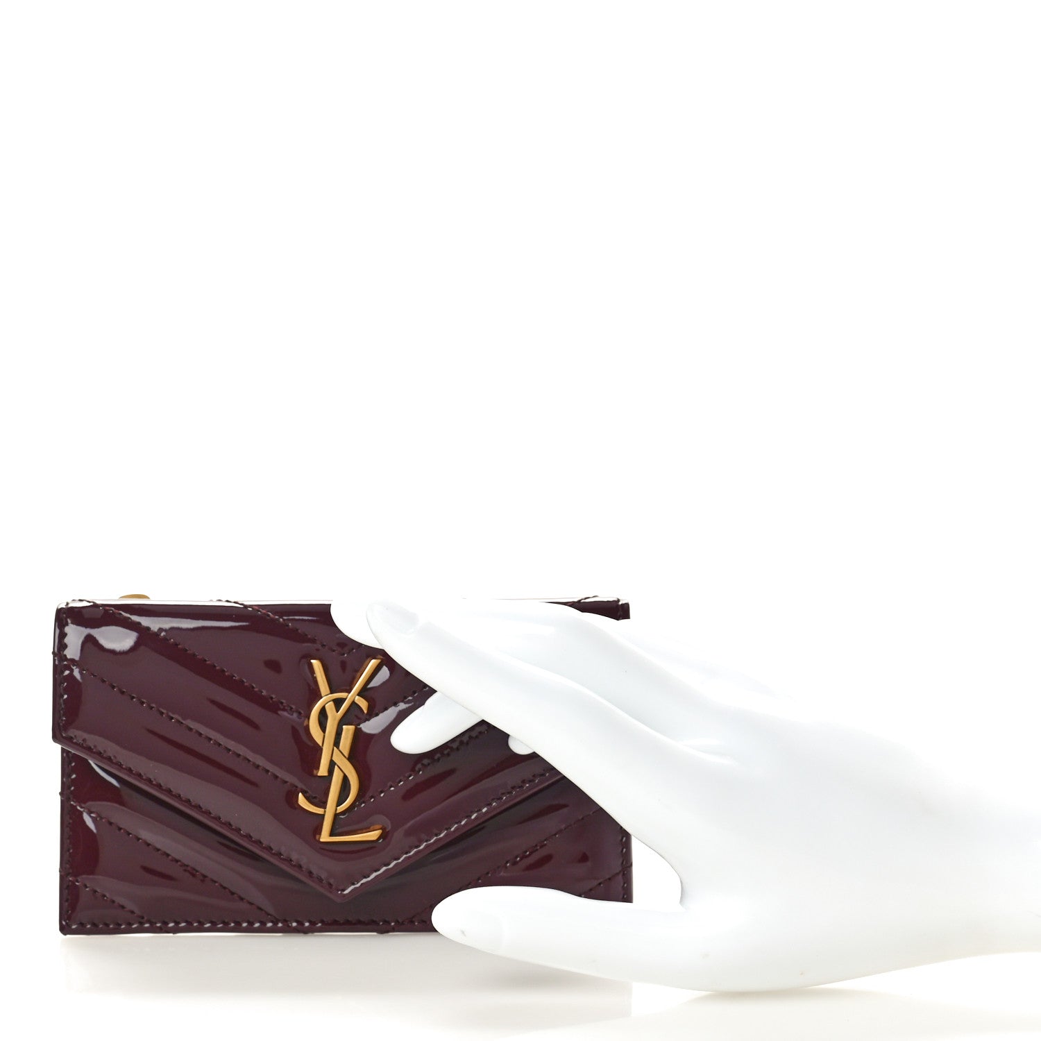 Saint Laurent Patent Calfskin Matelasse Chevron Cassandre Fragments Zippered Card Case Dark Red Wine 2 of 8