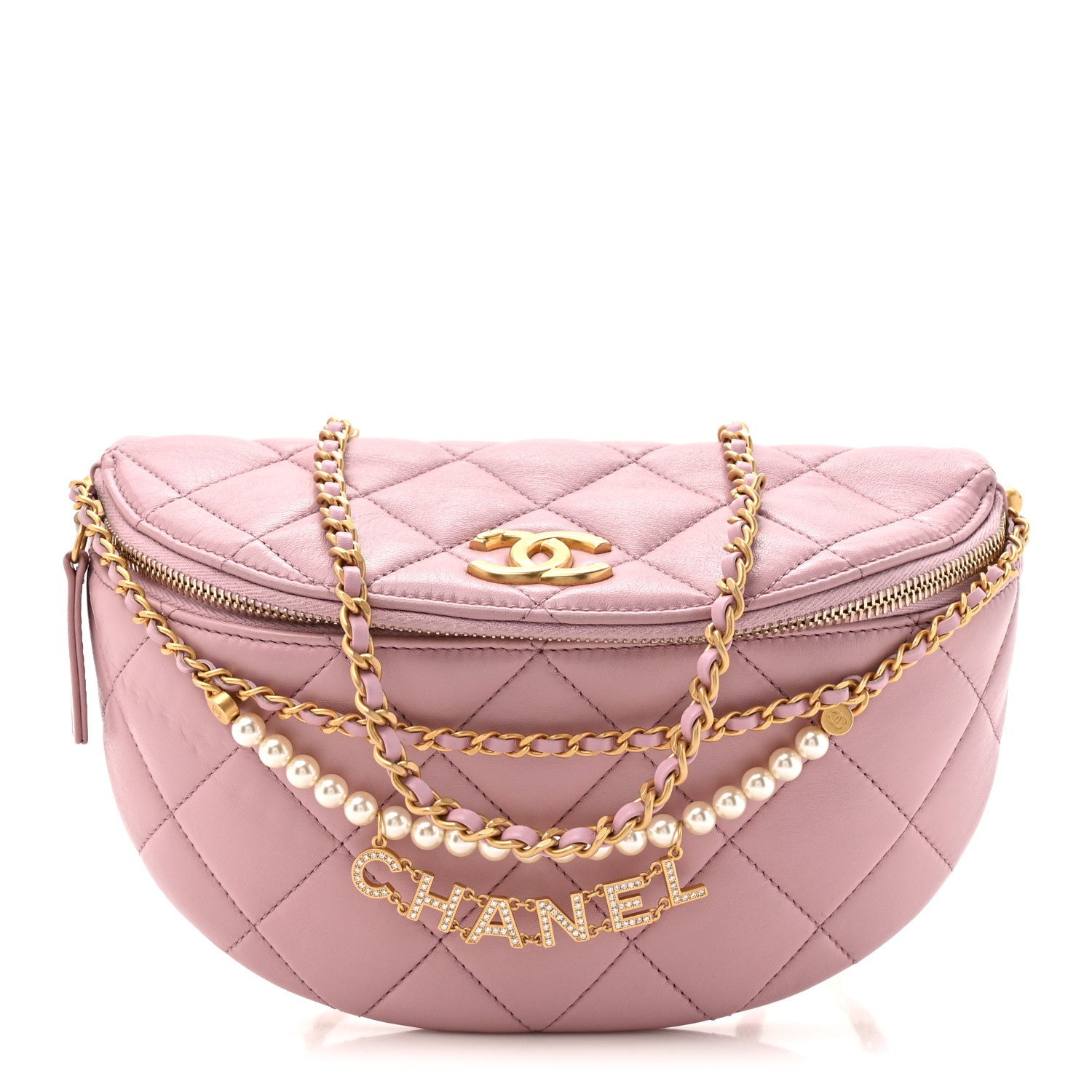 Chanel Shiny Lambskin Quilted Pearl Logo Waist Bag Light Pink