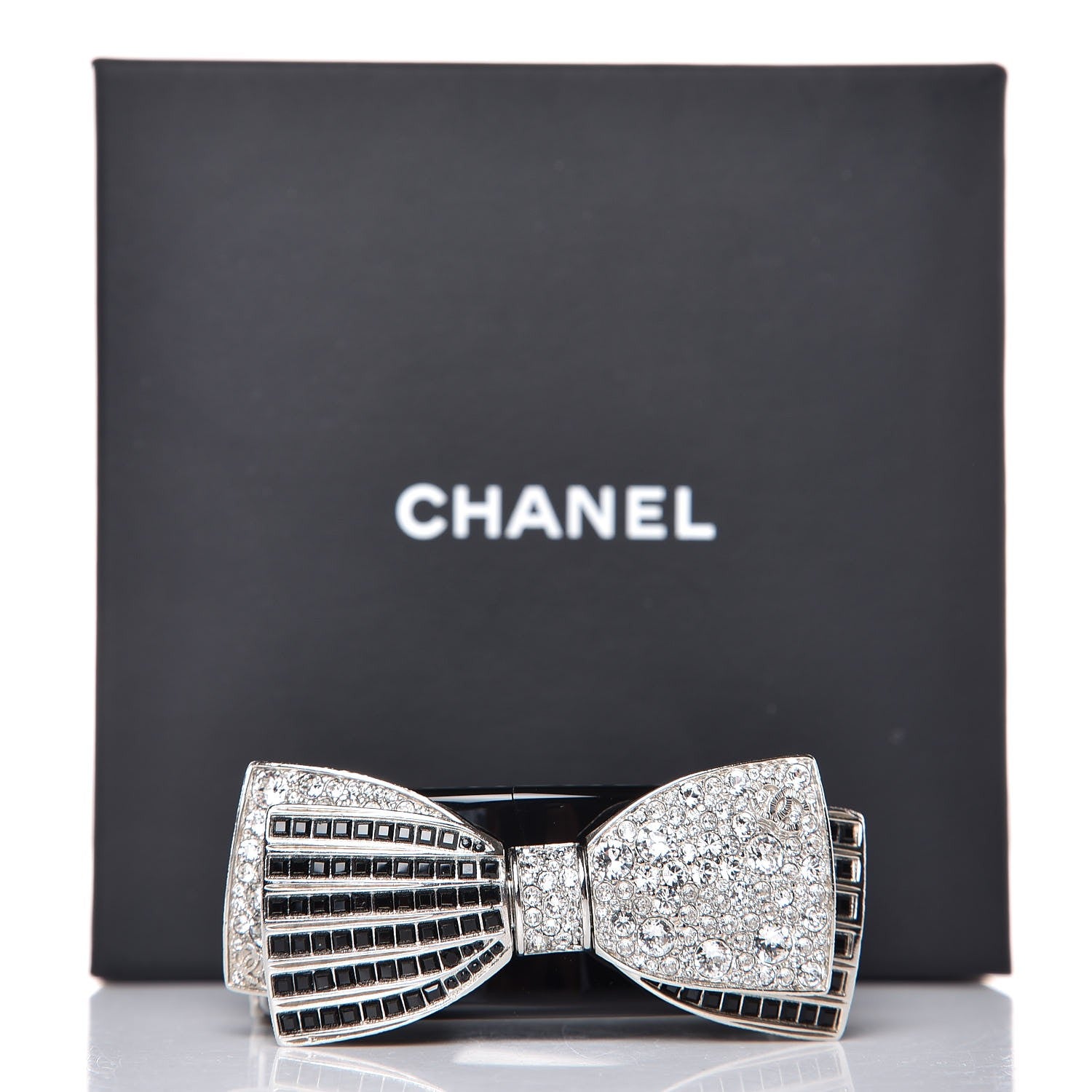Chanel Resin Crystal CC Bow Cuff Bracelet Black Silver 7 of 7