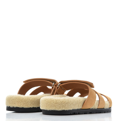 Hermes Suede Goatskin Woolskin Womens Chypre Sandals 37 Golden Beige 4 of 9