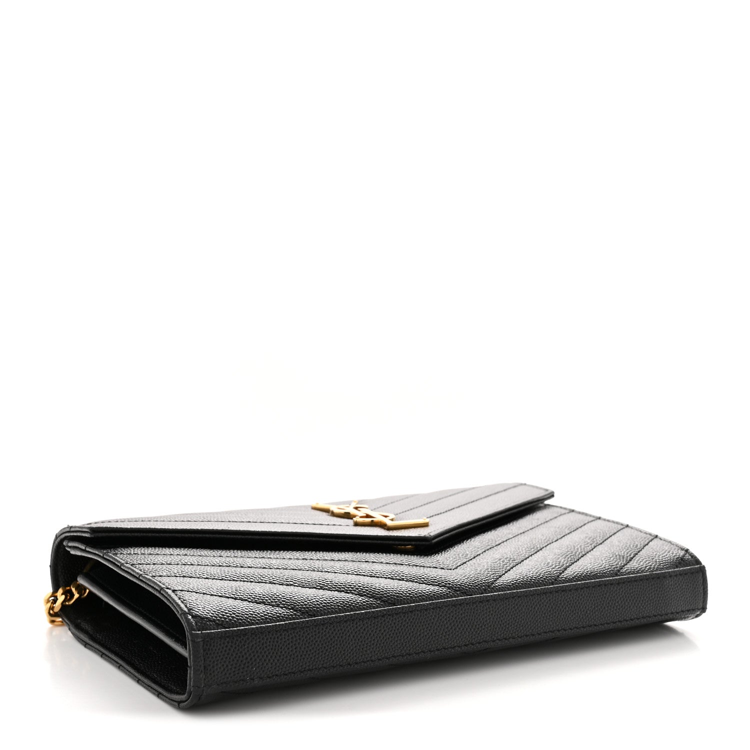 Saint Laurent Grain De Poudre Matelasse Chevron Monogram Chain Wallet Black 3 of 12