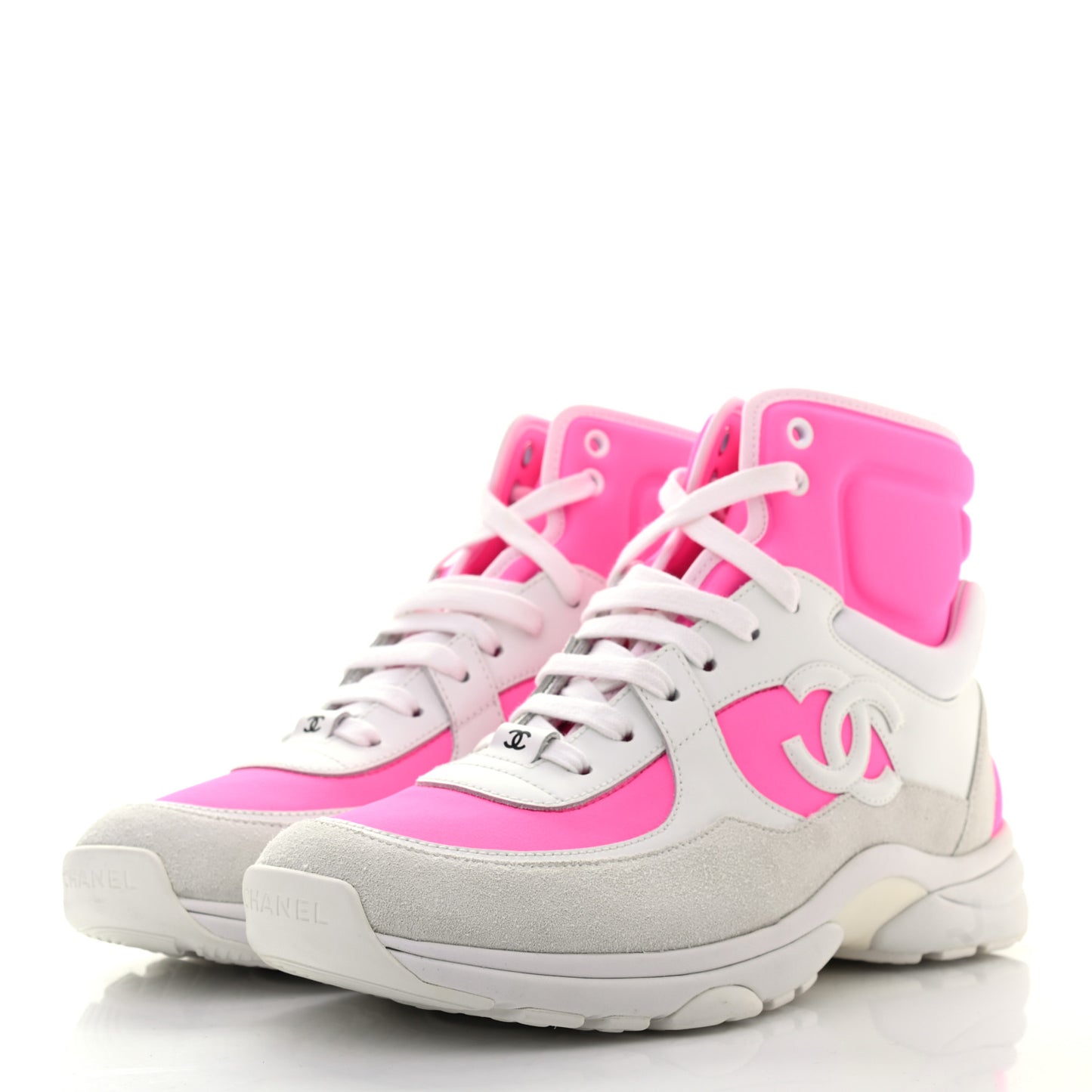 Suede Calfskin Lambskin Neoprene High Top CC Sneakers 40 White Fluo Pink