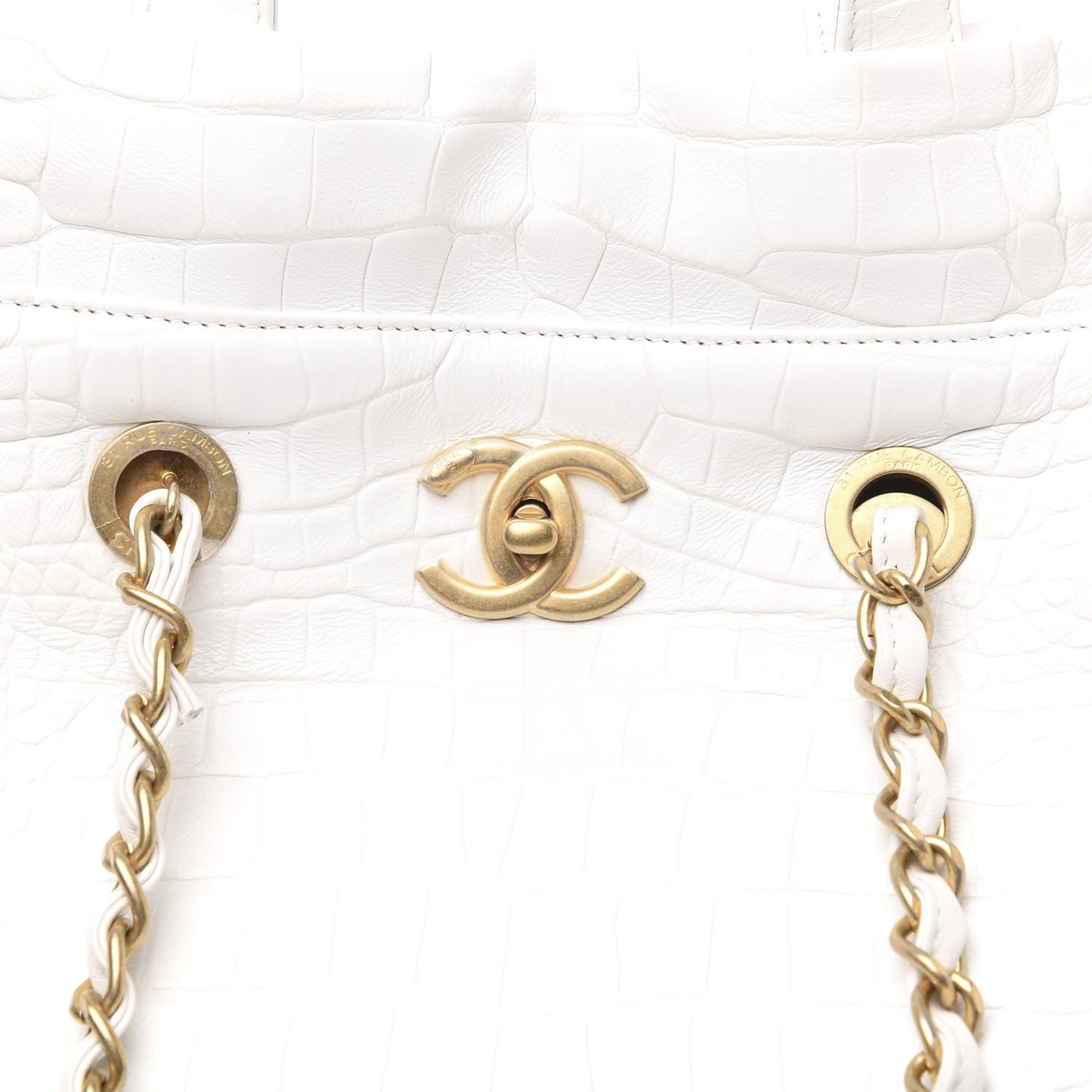 Calfskin Crocodile Embossed Large Cocodile Shopping Tote White