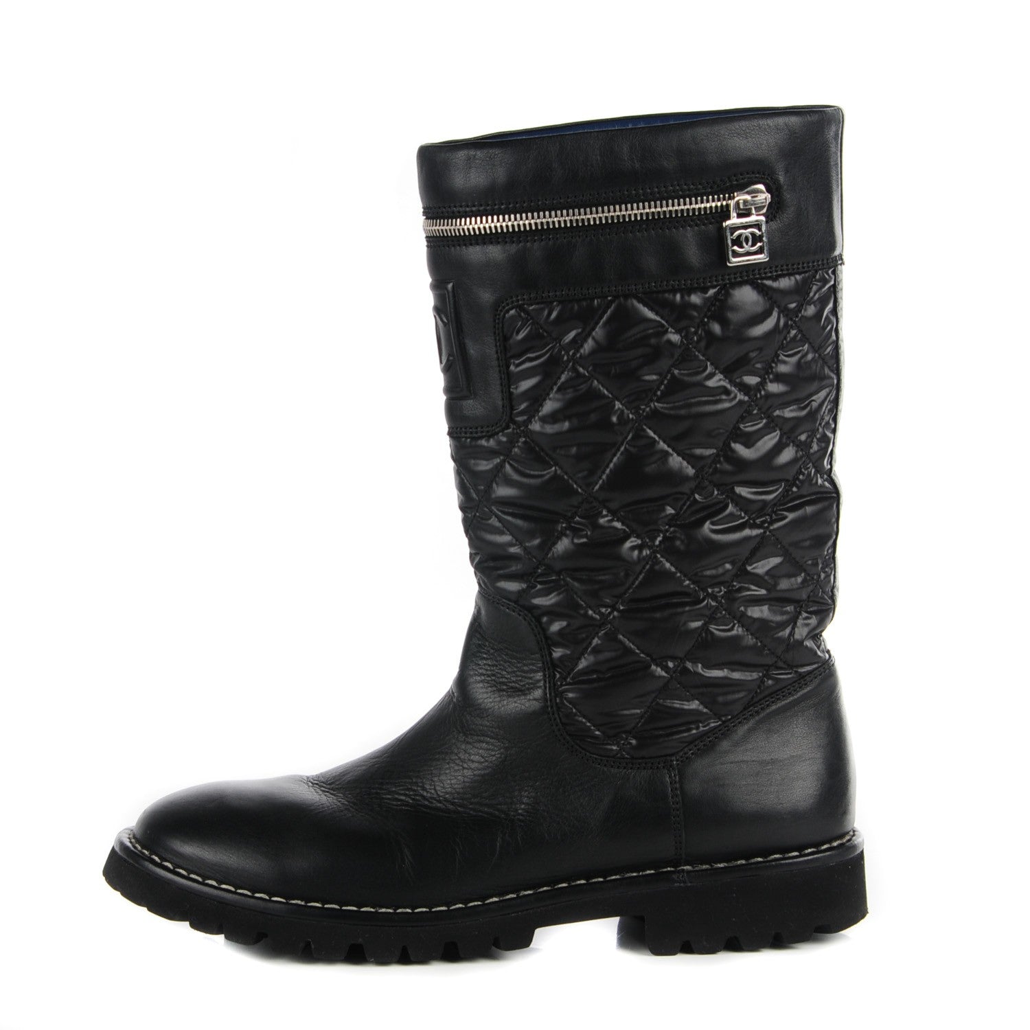 Chanel Calfskin Nylon Quilted Motorcycle Zip Boots 41.5 Black 1 of 7