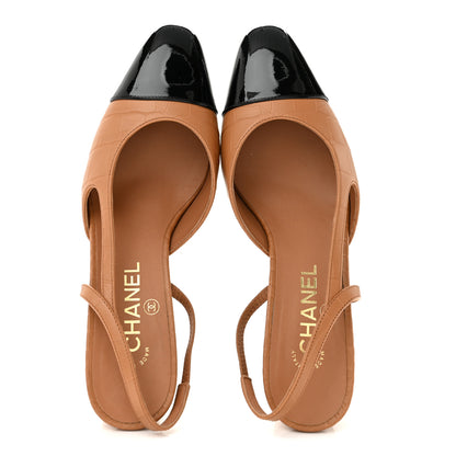 Chanel Calfskin Crocodile Embossed Patent Cap Toe CC Slingback Pumps 38.5 Light Brown Black 2 of 10