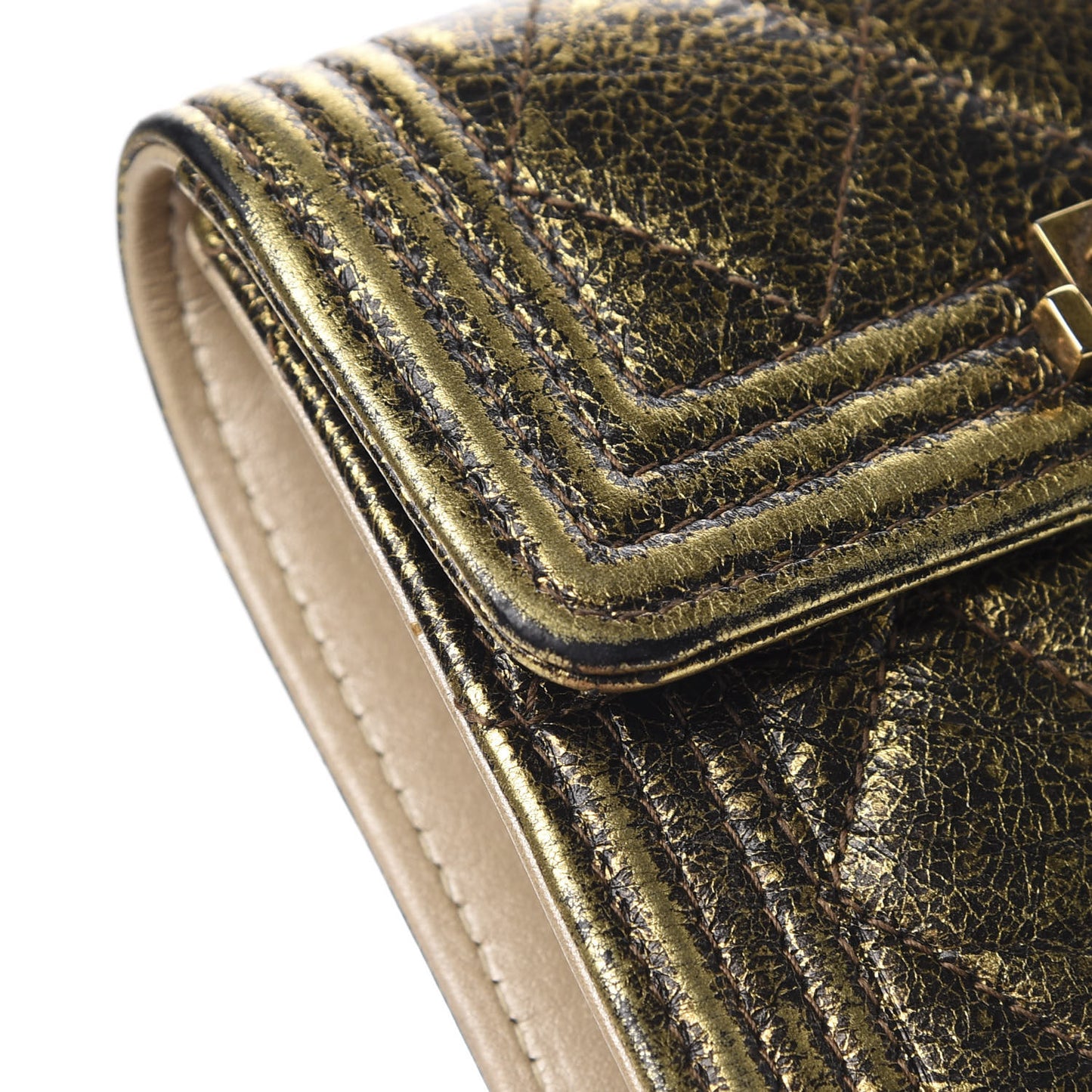 Cracked Metallic Calfskin Quilted Compact Boy Wallet Gold