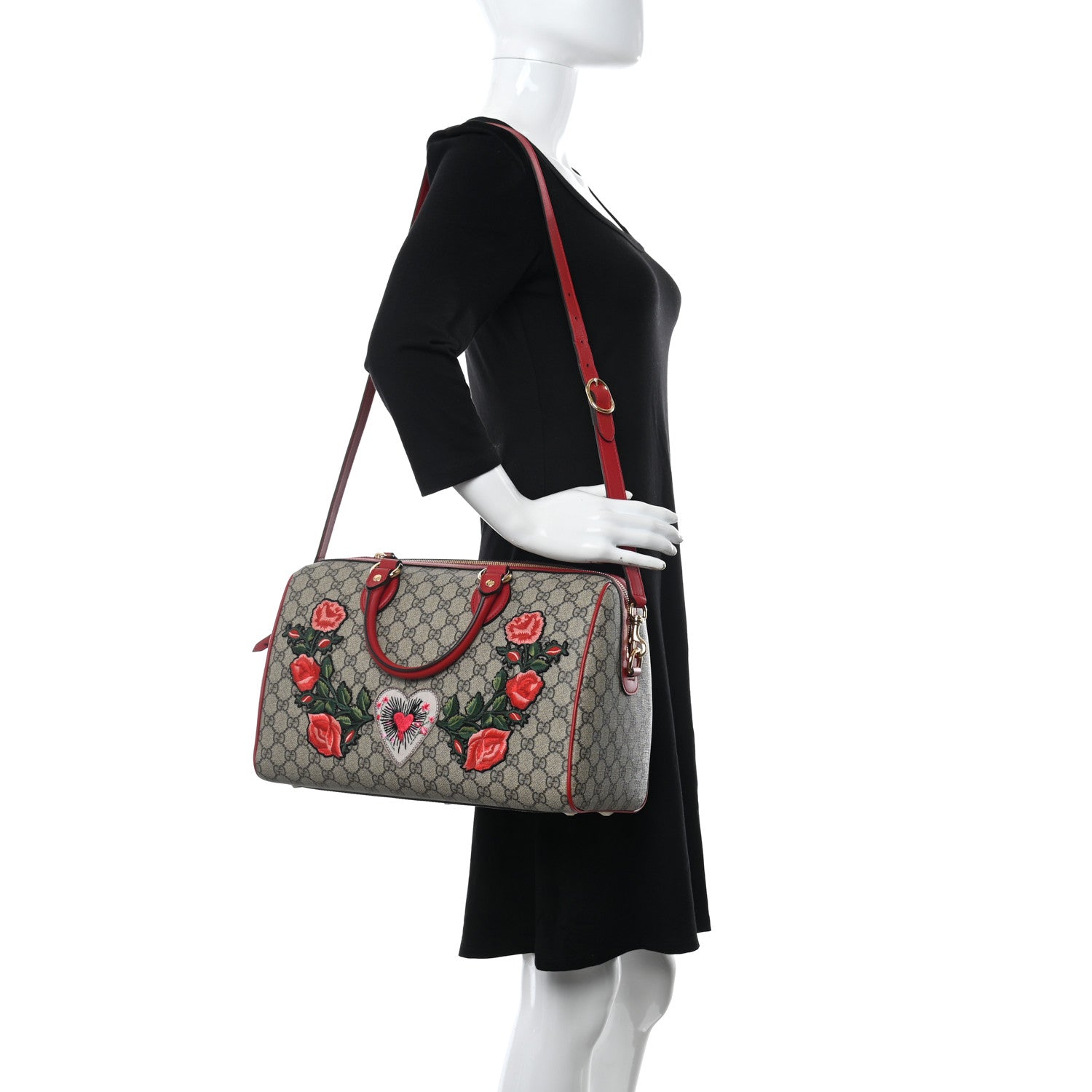 Gucci GG Supreme Monogram Rose Embroidered Medium Boston Hibiscus Red 2 of 11