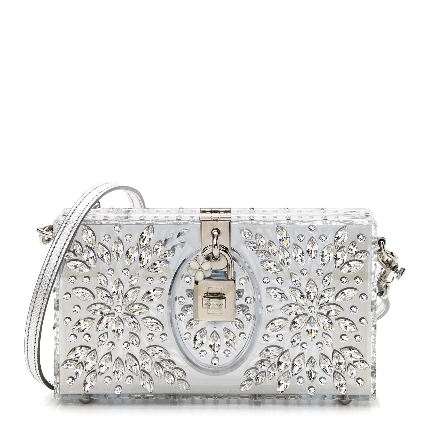 Crystal Embellished Plexiglass Dolce Box Clutch Silver