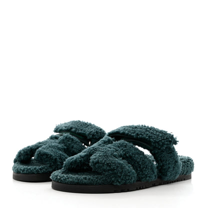 Hermes Woolskin Womens Chypre Sandals 39 Vert Anglais 3 of 9