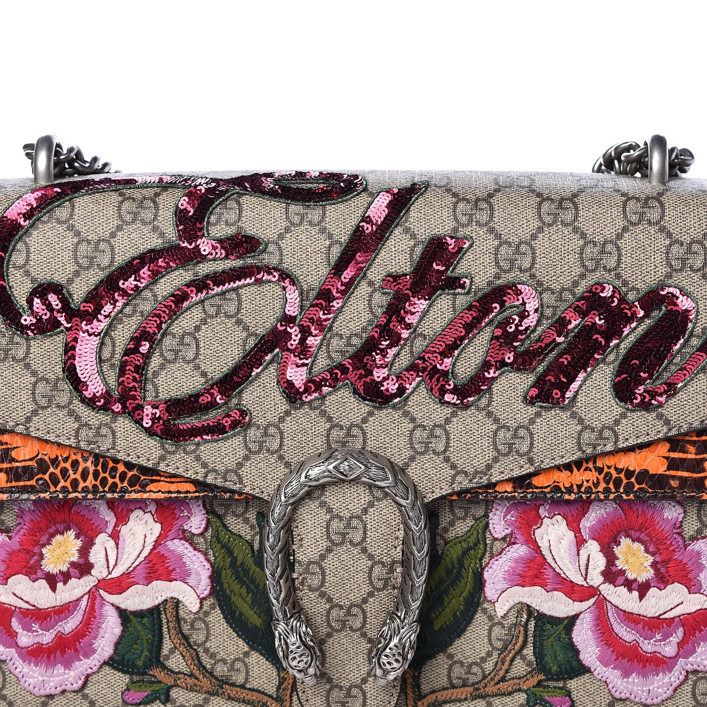 GG Supreme Monogram Snakeskin Elton Embroidered Medium Dionysus Shoulder Bag Beige Orange