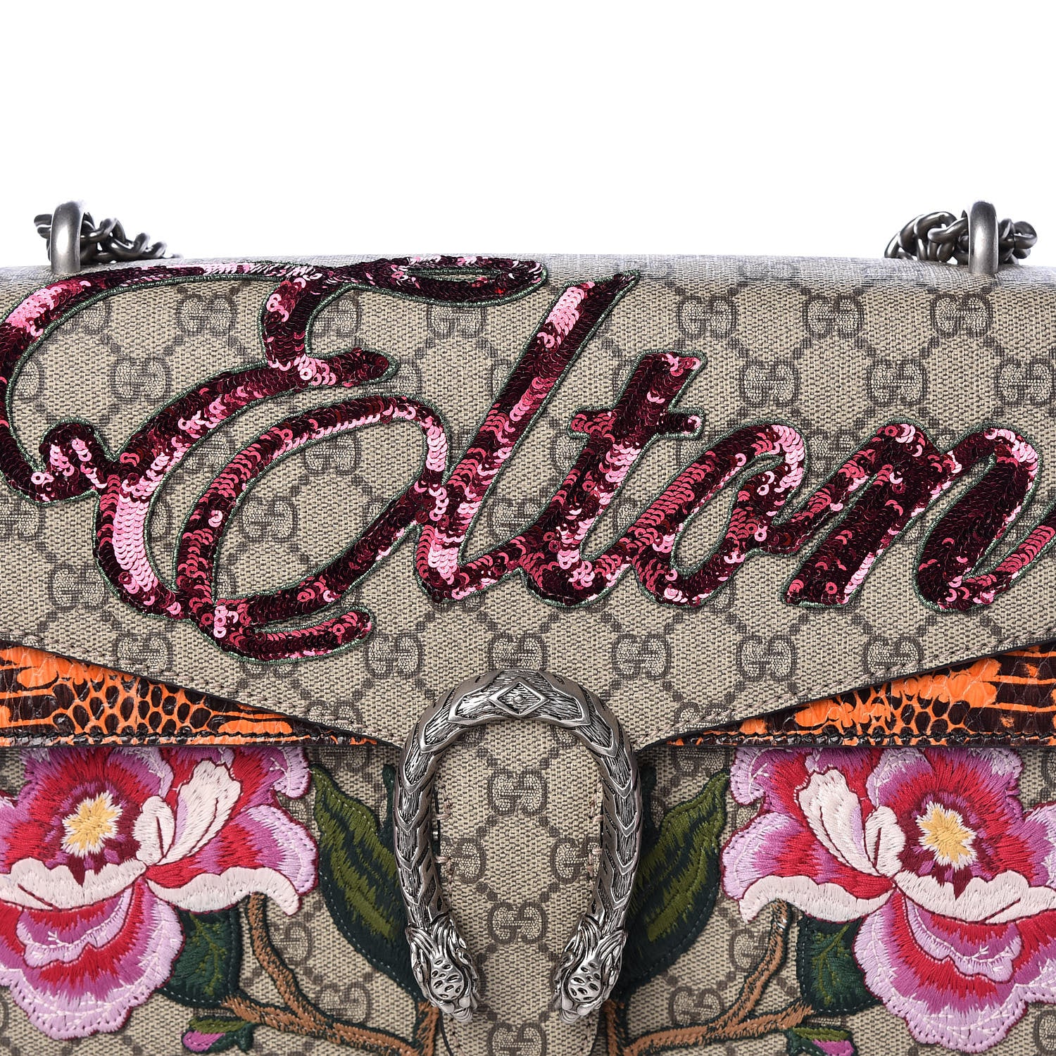 Gucci GG Supreme Monogram Snakeskin Elton Embroidered Medium Dionysus Shoulder Bag Beige Orange 12 of 12