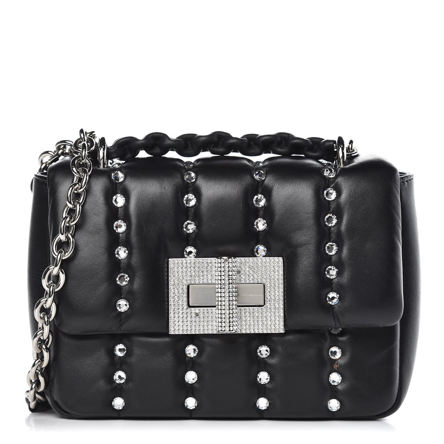 Lambskin Quilted Crystal Small Natalia Chain Bag Black