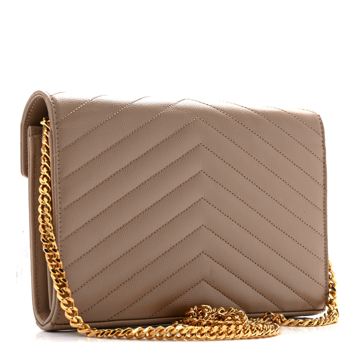 Saint Laurent Grain De Poudre Matelasse Chevron Monogram Chain Wallet Dark Beige 3 of 14
