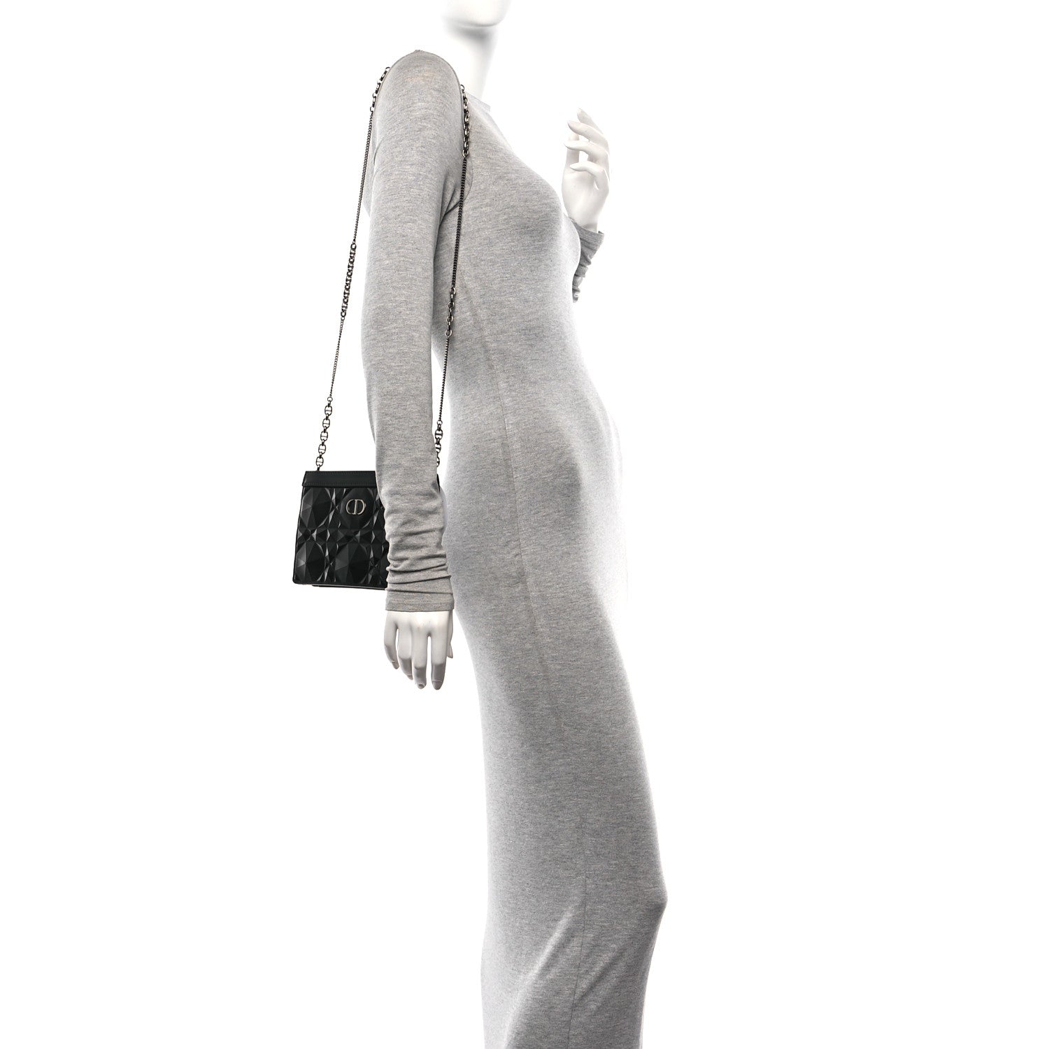 Christian Dior Calfskin Macrocannage Diamond Caro Zipped Pouch With Chain Black 2 of 10