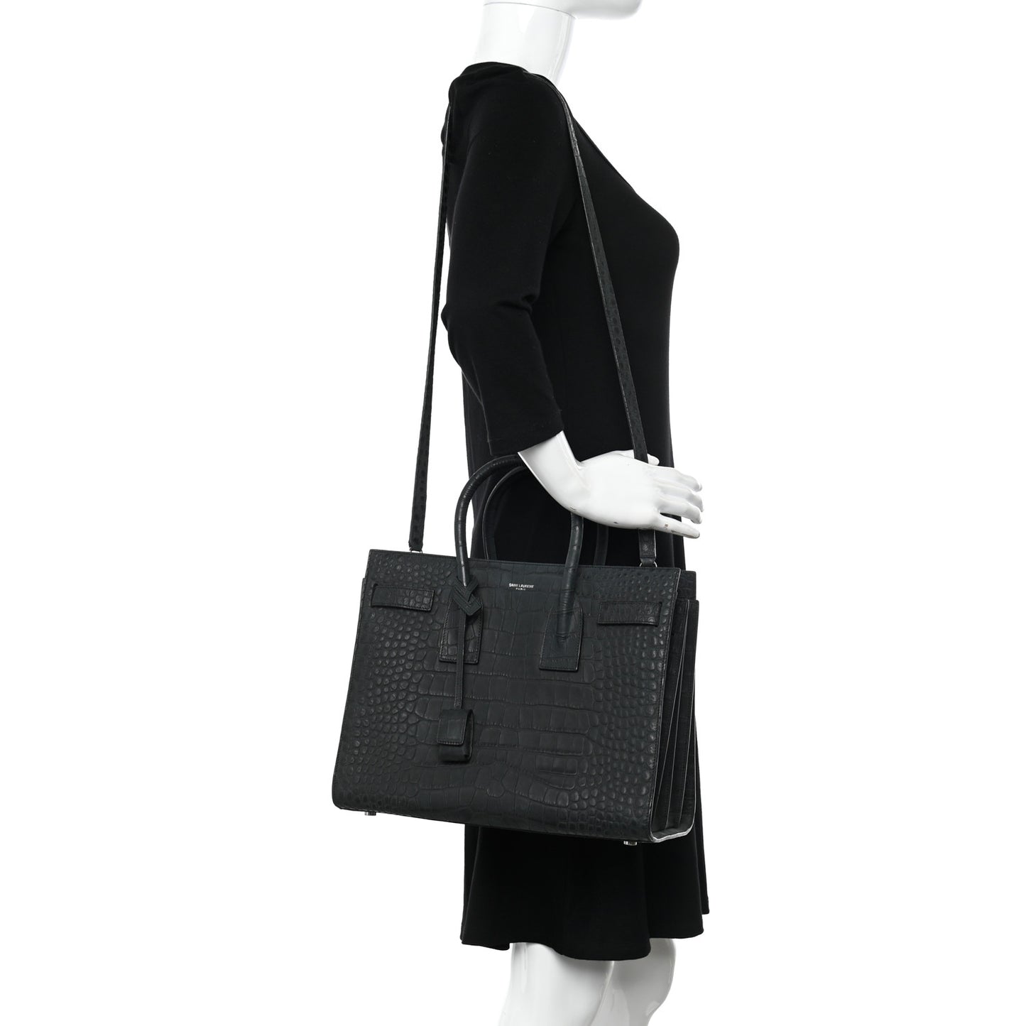 Calfskin Crocodile Embossed Small Sac de Jour Dusty Black